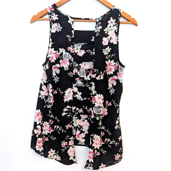 Express	| Open Ladder-Back Panels Floral Sleeveless Top Black | Size Small - Picture 7 of 10